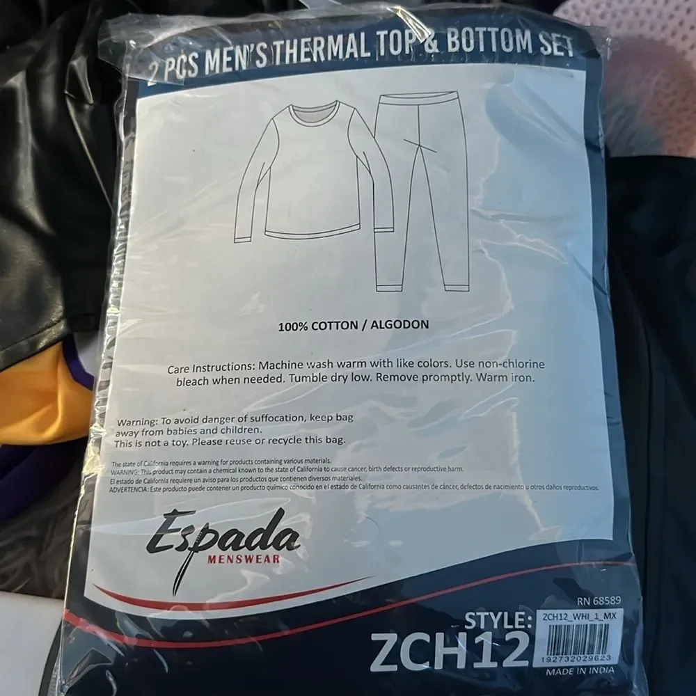 Espada Men’s XL White Thermal Underwear Set 100% Cotton Top & Bottom